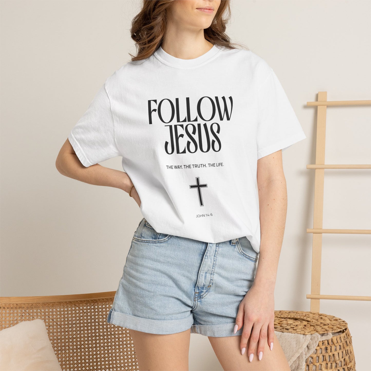 Follow Jesus Tee — Christian Faith T-Shirt with Cross & John 14:6