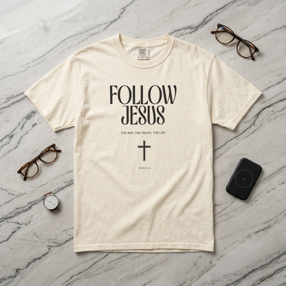 Follow Jesus Tee — Christian Faith T-Shirt with Cross & John 14:6