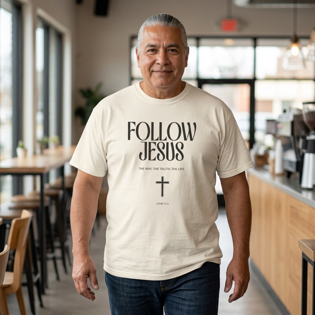 Follow Jesus Tee — Christian Faith T-Shirt with Cross & John 14:6