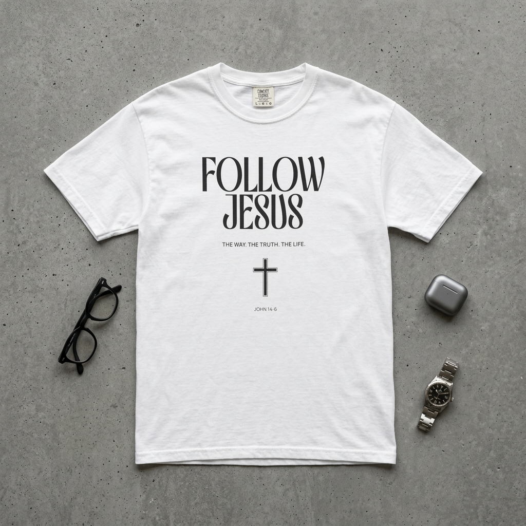 Follow Jesus Tee — Christian Faith T-Shirt with Cross & John 14:6