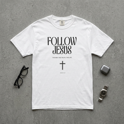 Follow Jesus Tee — Christian Faith T-Shirt with Cross & John 14:6