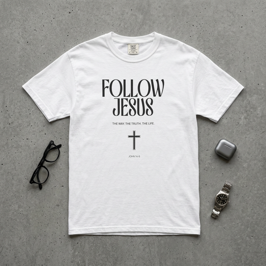 Follow Jesus Tee — Christian Faith T-Shirt with Cross & John 14:6