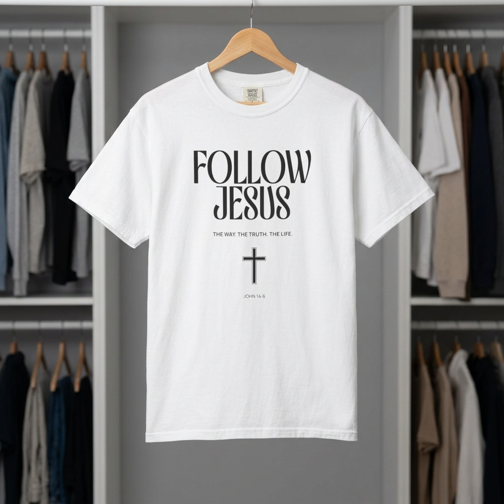 Follow Jesus Tee — Christian Faith T-Shirt with Cross & John 14:6