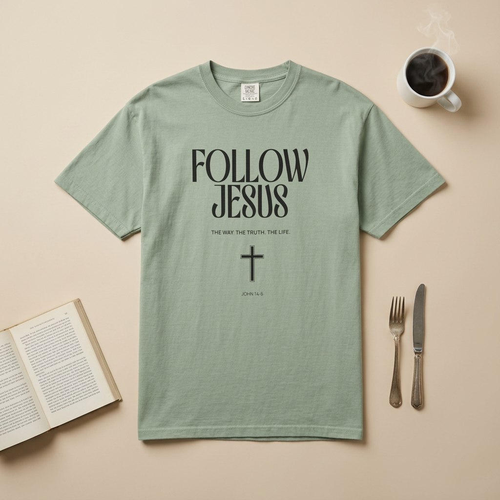 Follow Jesus Tee — Christian Faith T-Shirt with Cross & John 14:6