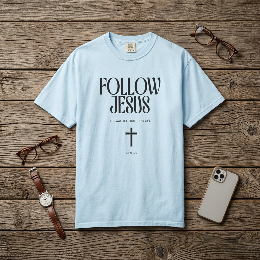 Follow Jesus Tee — Christian Faith T-Shirt with Cross & John 14:6