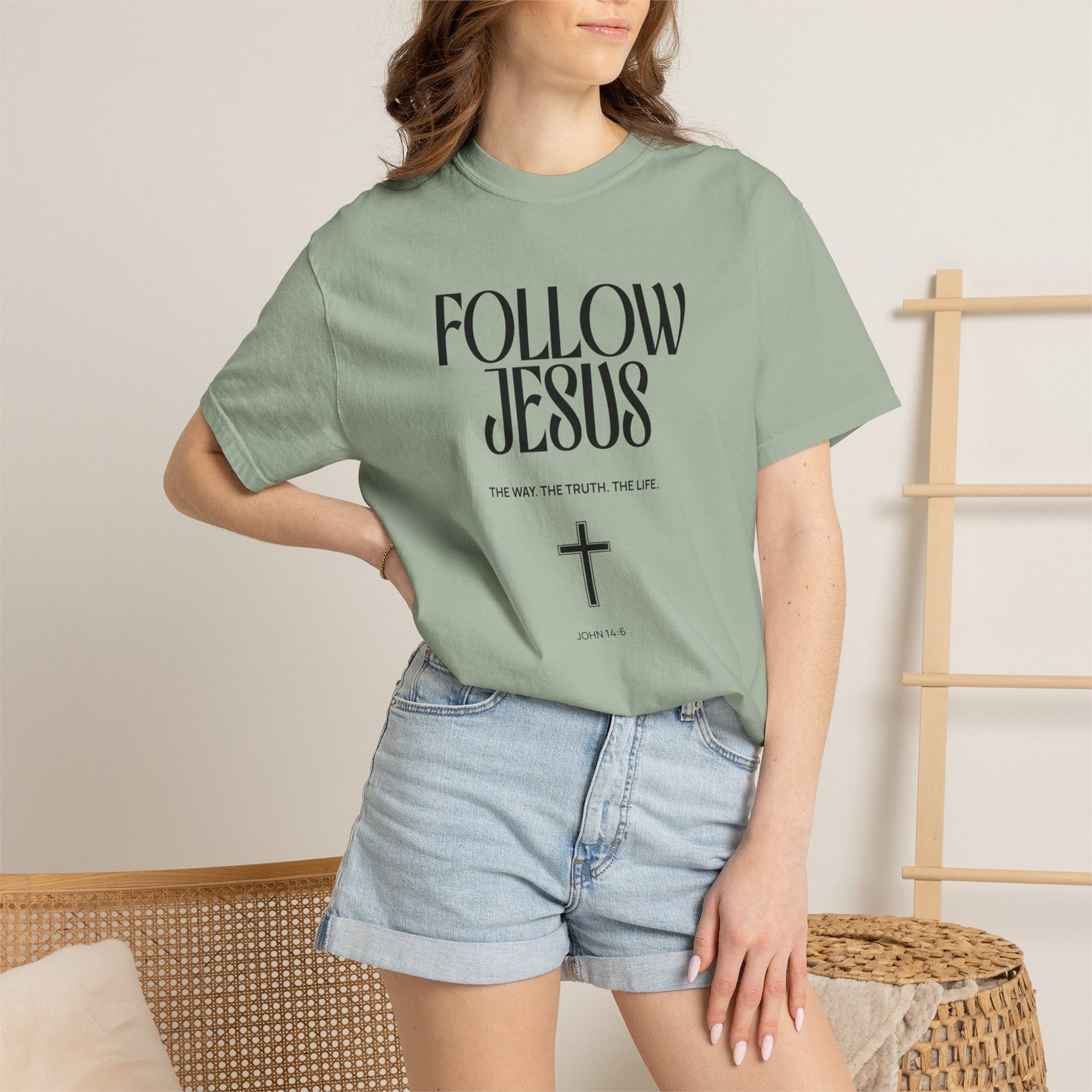 Follow Jesus Tee — Christian Faith T-Shirt with Cross & John 14:6